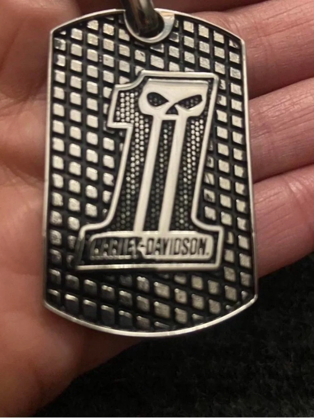 Harley Davidson silver dog tag with skull design